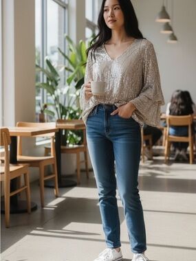 Embellished V-Neck Bell Sleeve Blouse in Champagne